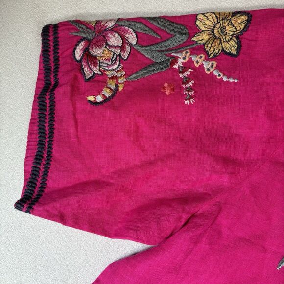 JOHNNY WAS Jessica Easy V Neck Top Pink Embroidered Size XL Short Sleeve Linen - Picture 9 of 12